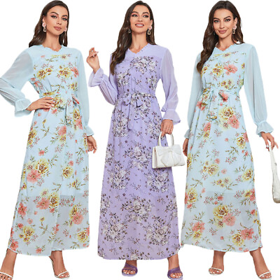 #ad Vintage Abaya Women Muslim Print Chiffon Long Sleeve Maxi Dress Kaftan Arab Gown C $45.11