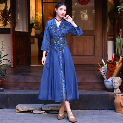 #ad New Women#x27;s Denim Dress Embroidered Maxi Shirt Dresses Blue A2628 $69.00