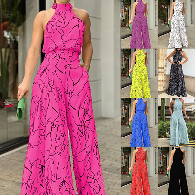 #ad Women#x27;s party dress sexy casual formal evening dress lace up printed jumpsuit $23.79
