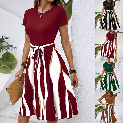 #ad Womens Elegant Round Neck Colorblock Short Sleeve Sundress Lace Up Swing Dresses $21.66