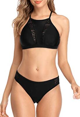 CharmLeaks Halter Bikini for Women Swimwear High Neck 2 Piece Swimsuit Black XL $7.99