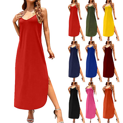 #ad Women#x27;s Casual Loose Sundress Long Dress Strappy Sleeveless Split Maxi Dresses $28.65