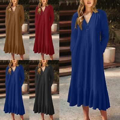 #ad Ladies A Line Dress V Neck Maxi Dresses Women Party Casual Long Sleeve Loose $38.17