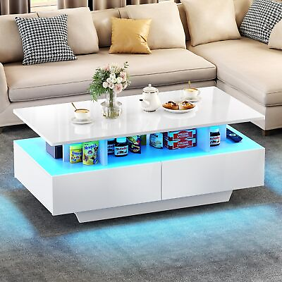 #ad #ad High Gloss Coffee Table Center Cocktail Table with LED Lights amp; Sliding Drawers $109.99