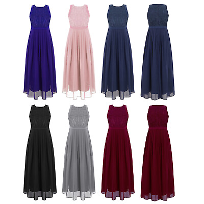 #ad #ad Kids Girls Elegant Floral Lace Chiffon Dress Sleeveless Pleated Hem Maxi Dresses $19.99