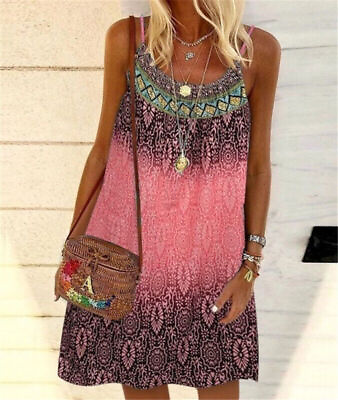 #ad Womens Mini Sundress NewPlus Size Printed Boho Cami Dress Summer Sleeveless $12.34