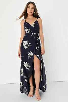 #ad LULUS Womens Sz Large All Mine Floral Print High Low Maxi Wrap Dress Navy Blue $44.99