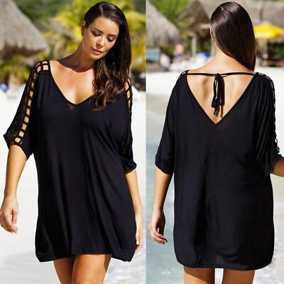 #ad Women Summer Beach Bikini Cover Up Loose Black Blouse Tops Shirt Beachwear $33.45
