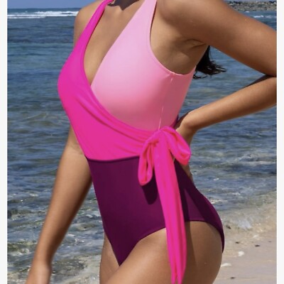#ad NWT Women#x27;s Cupshe Color Block Wrap Side Tie One Piece Swimsuit Size M $12.00