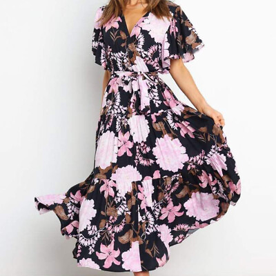 #ad Womens Casual Belted Midi Sundress Party Summer Boho Floral V Neck Dress Beach $31.26