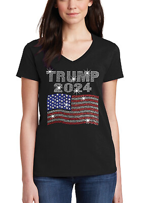 Junior#x27;s Rhinestone Trump 2024 USA Flag V Neck Women#x27;s T Shirt America President $20.99