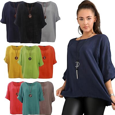 Womens Italian Plain Necklace Tunic Top Cotton Summer Long Sleeve Loose Fit Top GBP 10.99