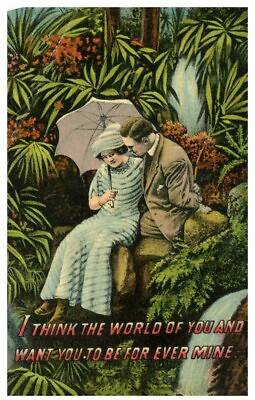 1910s Romantic Rainy Embrace Colorful Floral Forever Mine Antique Postcard $7.40