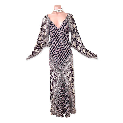 #ad Bohemian Maxi Dress XS Paisley Flower Print Low V neckline Boho Chick Hippie $53.72