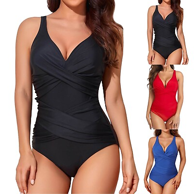 #ad Tankini Swimsuits For Women Tummy Control Solid Color Stretchy Swimming Surfing $14.49