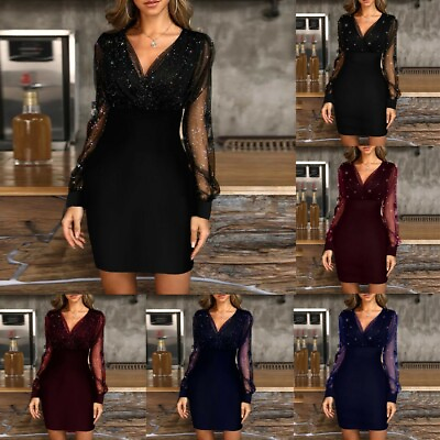 Womens Sequins Mesh Sleeve Bodycon Long Sleeve A Line Evening Party Dress US $13.57