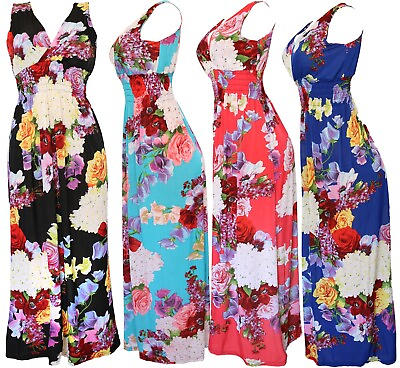 Women#x27;s Deep V Neck Multi Floral Smocked Waist Summer Sundress Long Dress $18.95