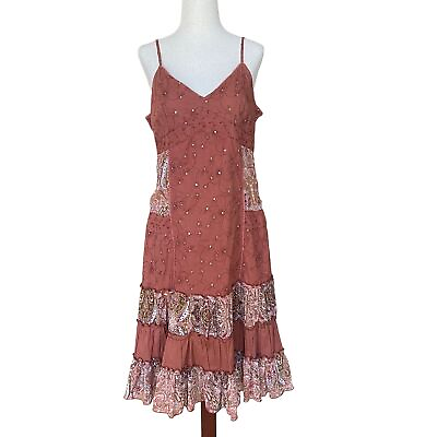 #ad Bano India Inspired Tiered Ruffle Paisley Sequin V neck Boho Dress Medium 8 $9.99