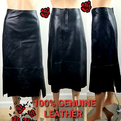 #ad WOMAN#x27;S SKIRT 100% GENUINE LEATHER BLACK LINED size 14 GOOD CONDITION MIDI 3 4 $50.00