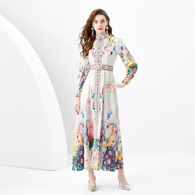 #ad Spring Fall Floral Print High Neck Belt Long Sleeve Women Casual Maxi Dresses $28.79