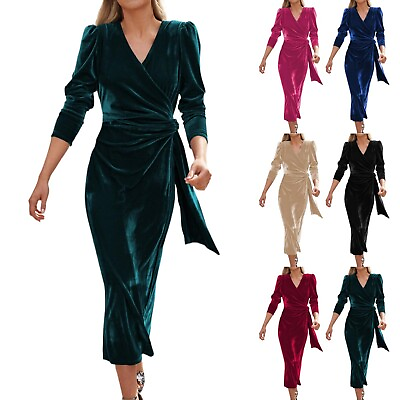 #ad Women#x27;s Wrap Velvet Dress Long Sleeve Ruched Bodycon Midi Dress Party Dresses $54.86