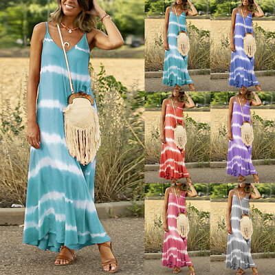 #ad #ad Women#x27;s Tie Dye Strappy Maxi Dress Baggy Kaftan Beach Holiday Sundress Plus Size $23.29