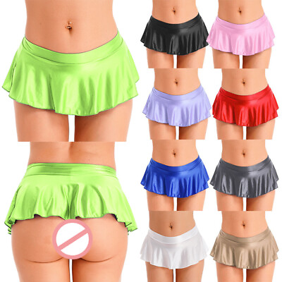 #ad Womens Glossy Low Rise Mini Skirt Ruffled Flared Micro Role Play Skirt Clubwear $5.11