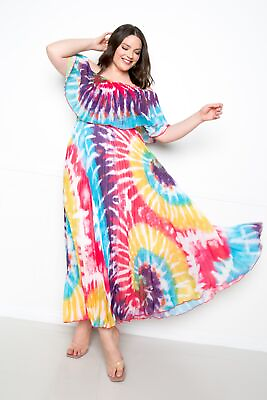 #ad Tie Dye Off Shoulder Pleated Maxi Dress $75.99