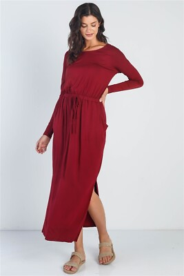 Burgundy Long Sleeve Basic Maxi Dress Elastic Waistband with Drawstsring Size S $31.50