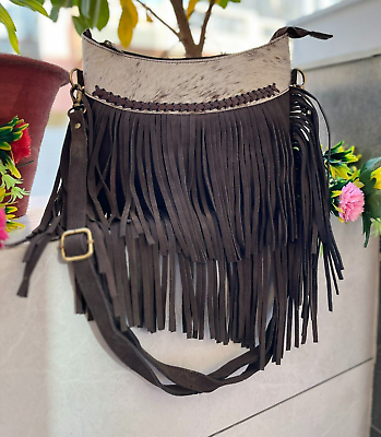 Cowhide Fur Leather Fringe Bag Handbag Western Suede Leather Purse Boho Bags $42.99