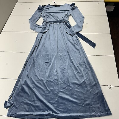 #ad Zesica Blue Crushed Velvet Long Sleeve Maxi Dress Tie Waist Belt Womens Size M $30.00