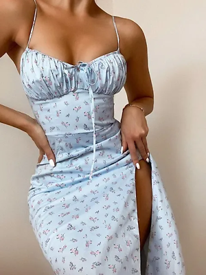 #ad 2023 Sleeveless Satin Slip Floral Ruched Bandage Cut Out Maxi Dress Summer Women $19.99