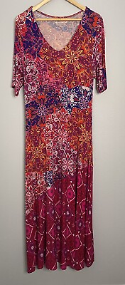 #ad Soft Surroundings Maxi Dress Short Sleeve Pink Red Boho Print V Neck Size M $34.98