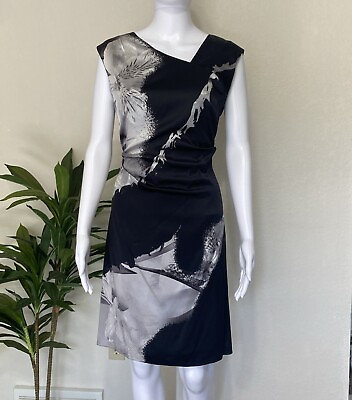 #ad Elie Tahari Sz 8 Black Silver Floral Silk Satin Sheath Dress Ruched Sleeveless $34.94