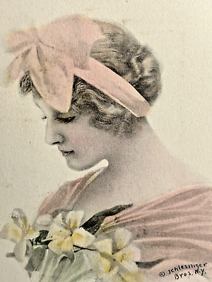 #ad Easter Postcard Pretty Woman Portrait Pink Bow Headband Schlesinger Bros udb $8.66