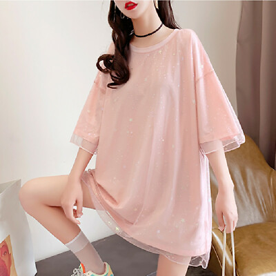 Women#x27;s Sequin Long Shirts Loose Splice Mesh Lace Round Neck Oversize Tops Chic $25.80