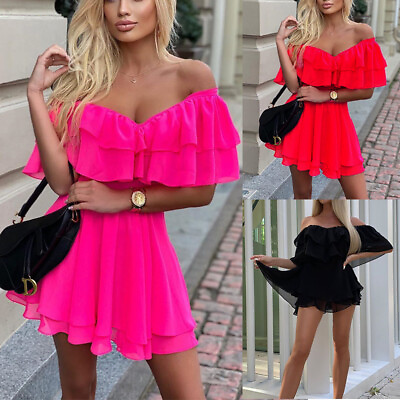 NEW Stylish Women Off Shoulder Ruffled Solid Patchwork Club Party Short Dress $25.30