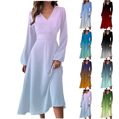 #ad #ad Women High Waist Long Sleeve V Neck Party Gradient Print Flowy Long Maxi Dresses $20.66