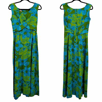 Vintage 70#x27;s Dress Maxi Hostess Hawaiian Cover Button Peplum Green Blue Floral M $175.00