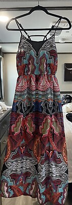 #ad Angie Boho Maxi Dress Sz Small Geo Multicolor Boho Midi Black Liner 2 Side Slits $19.87
