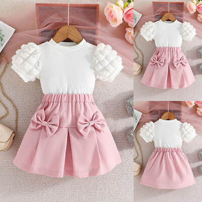 #ad Kids Girls Bowknot Puff Sleeve TopsSkirts Sets Toddlers Summer Outfits 2PCS $14.99