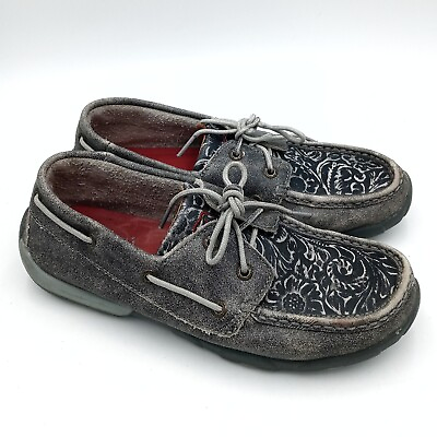 #ad #ad Twisted X Gray Leather Tooled Floral Boat Shoes 8 Run A Little Large In Size $59.95