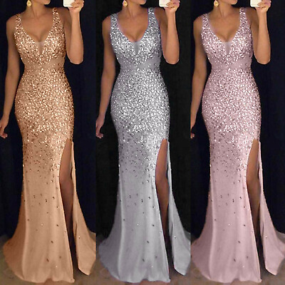 #ad Women Sequin Prom Party Ball Gown Sexy Gold Evening Bridesmaid V Neck Long Dress $35.99