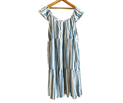 #ad New dip Three Tiered Blue Green White Striped Maxi Dress XL Lightweight $20.00