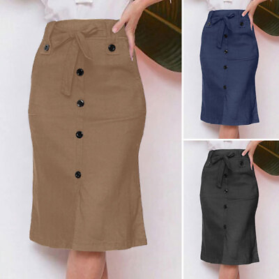 #ad Womens High Waist Party Casual Buttons Bodycon OL Work Pencil Knee Length Skirts $19.94