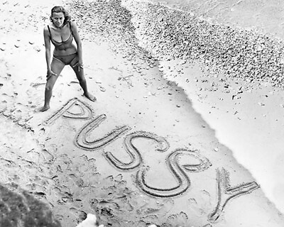 Honor Blackman in bikini on beach Pussy writtenm in sand Goldfinger 16x20 poste $24.99