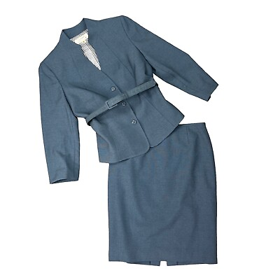 #ad Tahari Blazer Skirt Set Womens 10 Blue 2 PC Button Front Belted Straight Pencil $89.94