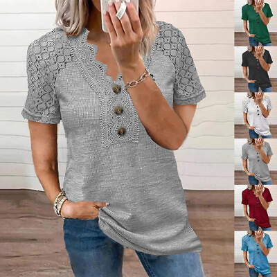 #ad Women#x27;s Short Sleeve Casual Tunic Shirt Button Lace V Neck Summer Party Tops $18.76