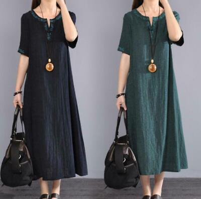 #ad Women#x27;s Casual Kaftan Dress Loose Tunic Long Maxi Dress Cotton Linen $15.92