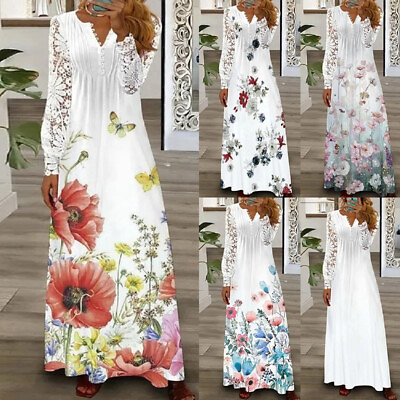 #ad Summer Women Ladies Floral Long Dresses Sleeve V Neck Beach Boho Dress Plus Size $31.15